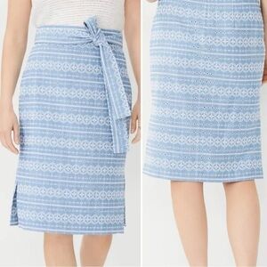Ann Taylor Chambray Embroidered Eyelet Tie Waist Pencil Skirt, Size 16